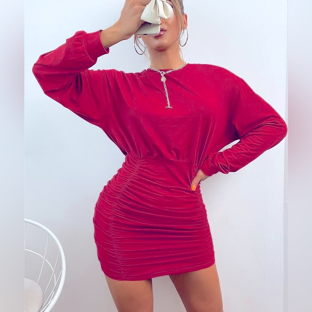 Boston Proper Long-Sleeve, Ruched-Bottom, Blousy-Top Mini Dress, Red, Size M